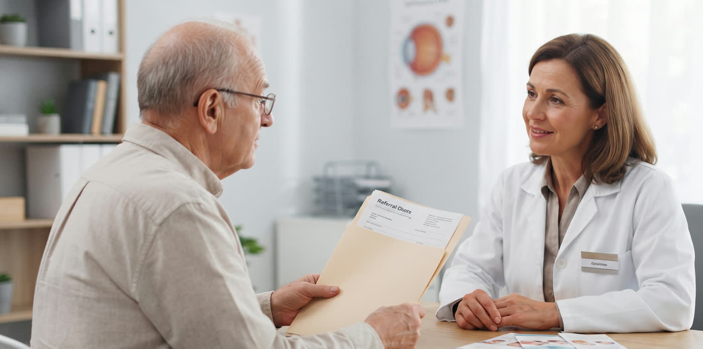Ärztin bespricht mit einem Patienten Befund und Überweisung im Beratungsgespräch