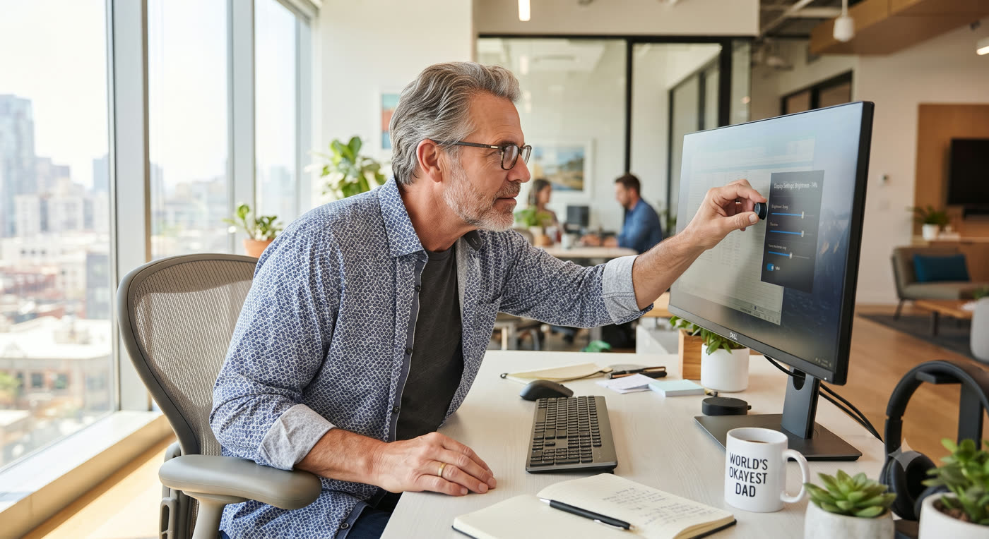 Mann im Büro stellt am Monitor die Bildschirmhelligkeit ein