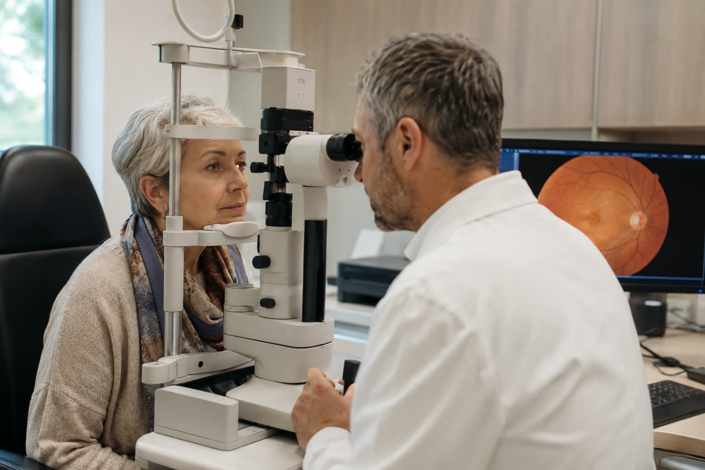 Slit-lamp examination, with a monitor showing a retinal scan in the background