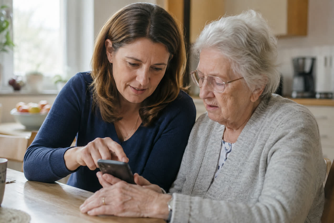 Erwachsene Tochter zeigt ihrer älteren Mutter etwas auf dem Smartphone am Küchentisch