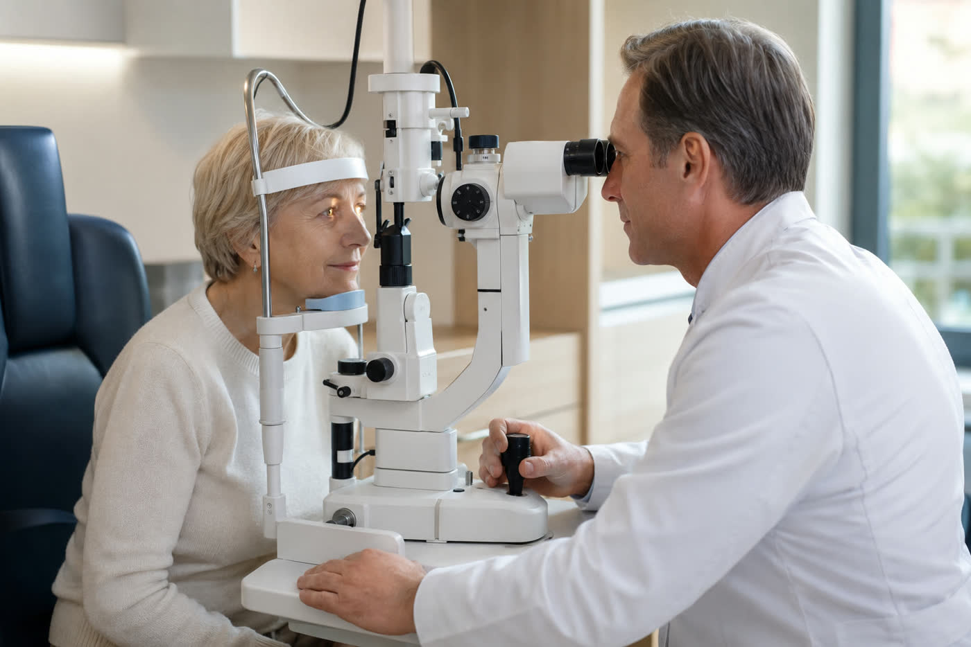 Ärztin untersucht lächelnde Patientin nach der Katarakt-OP auf Anzeichen von trockenem Auge
