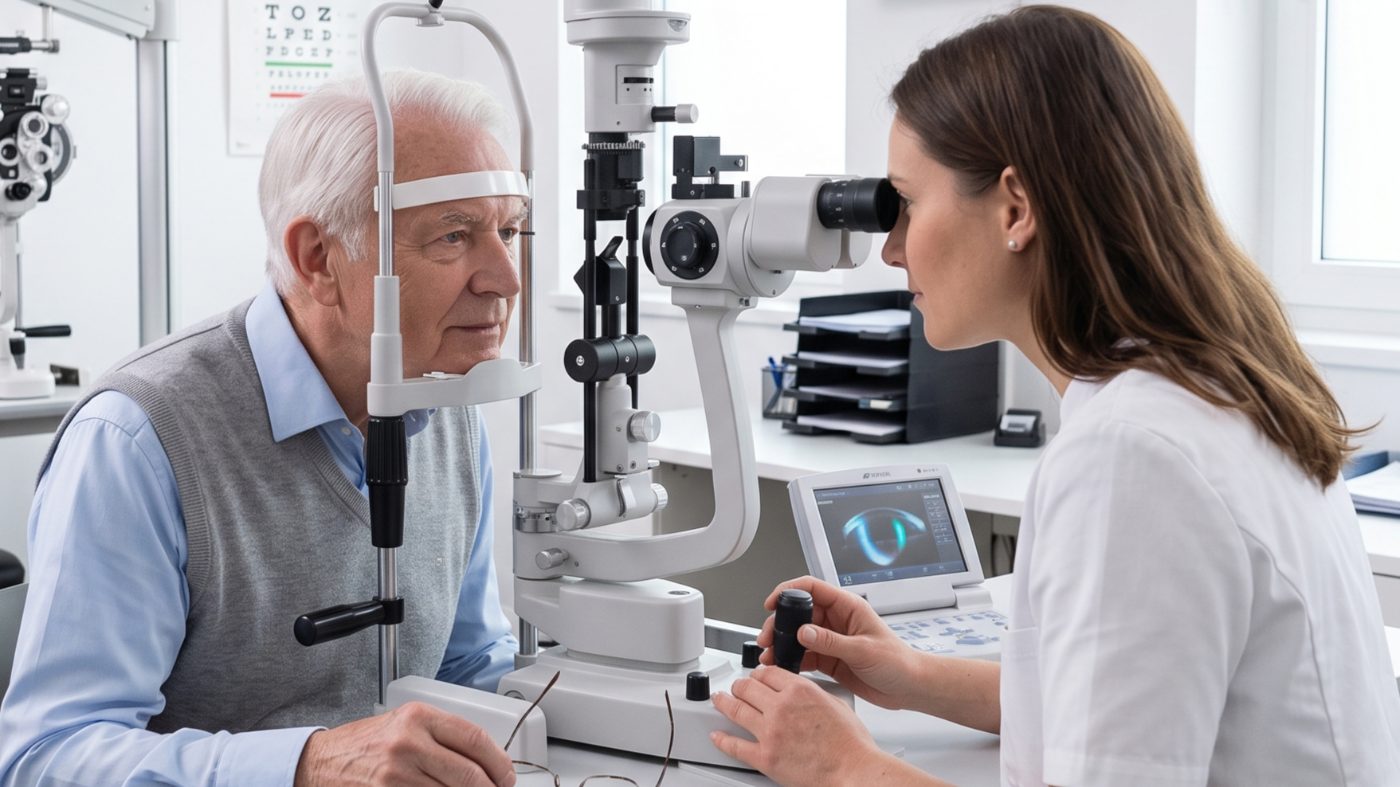 Augenärztliche Spaltlampenuntersuchung, Patient sitzt am Gerät