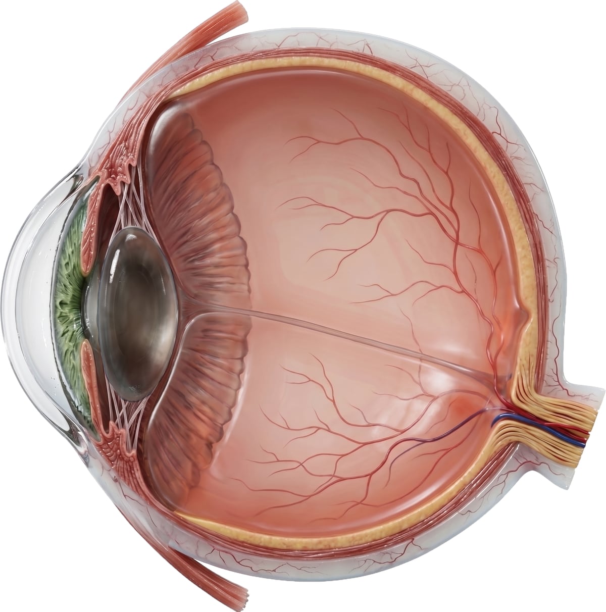Anatomischer Querschnitt durch das menschliche Auge mit Hornhaut, Iris, Linse und Netzhaut