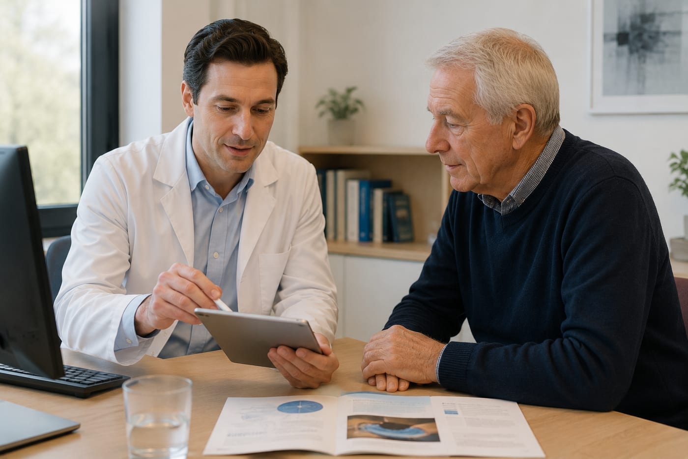 Augenärztin bespricht mit einem Patienten die Linsenoptionen und die Kosten der Kataraktoperation