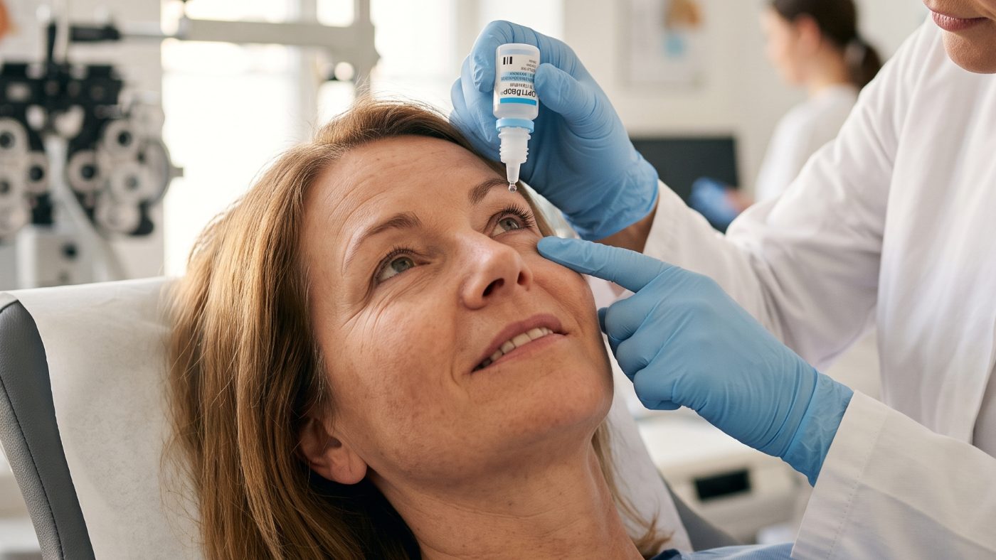 Augentropfen werden appliziert, wie in der Nachsorge nach der Katarakt-Operation üblich