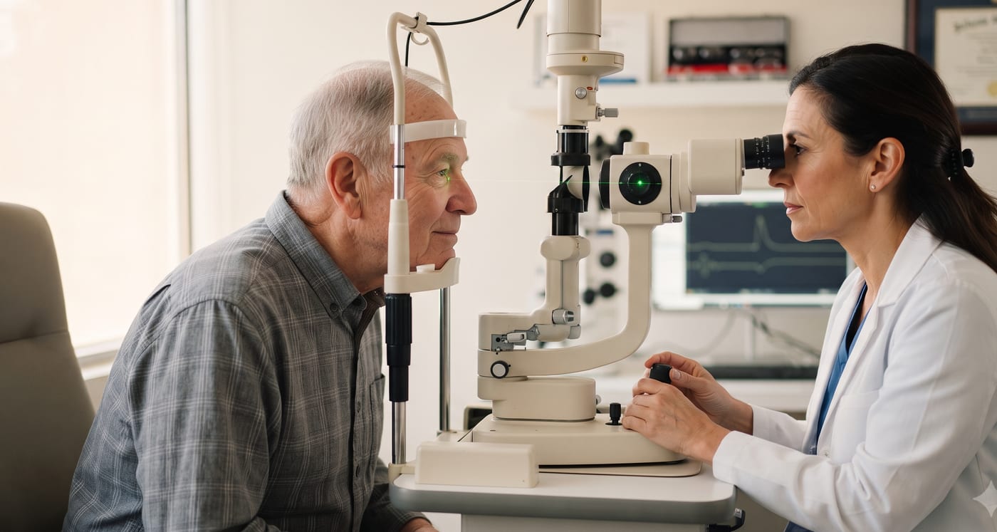 Augenärztin behandelt einen Nachstar mit dem YAG-Laser, der Patient sitzt entspannt am Gerät