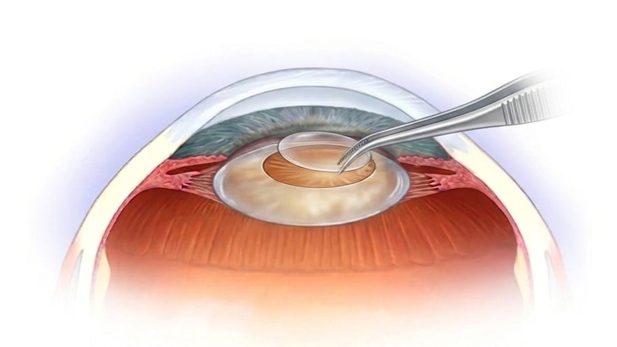 Illustration: Eine Pinzette öffnet die vordere Linsenkapsel im Auge (Kapsulorhexis)