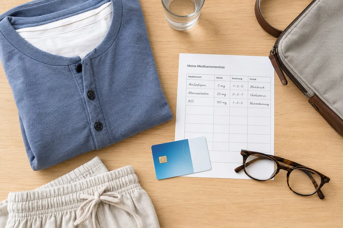 Für den OP-Tag bereitgelegt: bequeme Kleidung, e-Card, Medikamentenliste und Brille