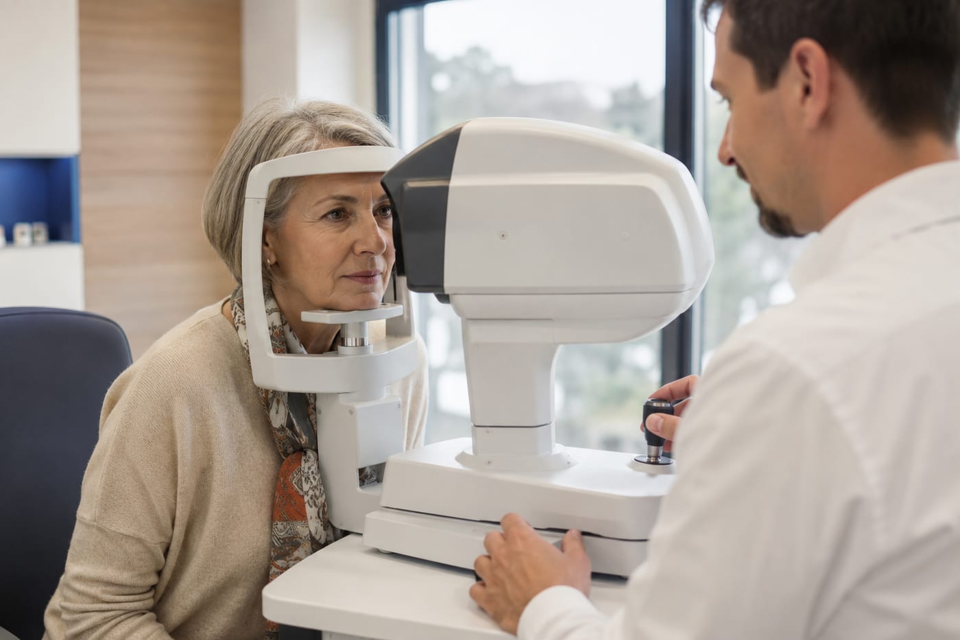 Augenärztin führt bei einer Patientin die optische Biometrie zur Vermessung des Auges durch