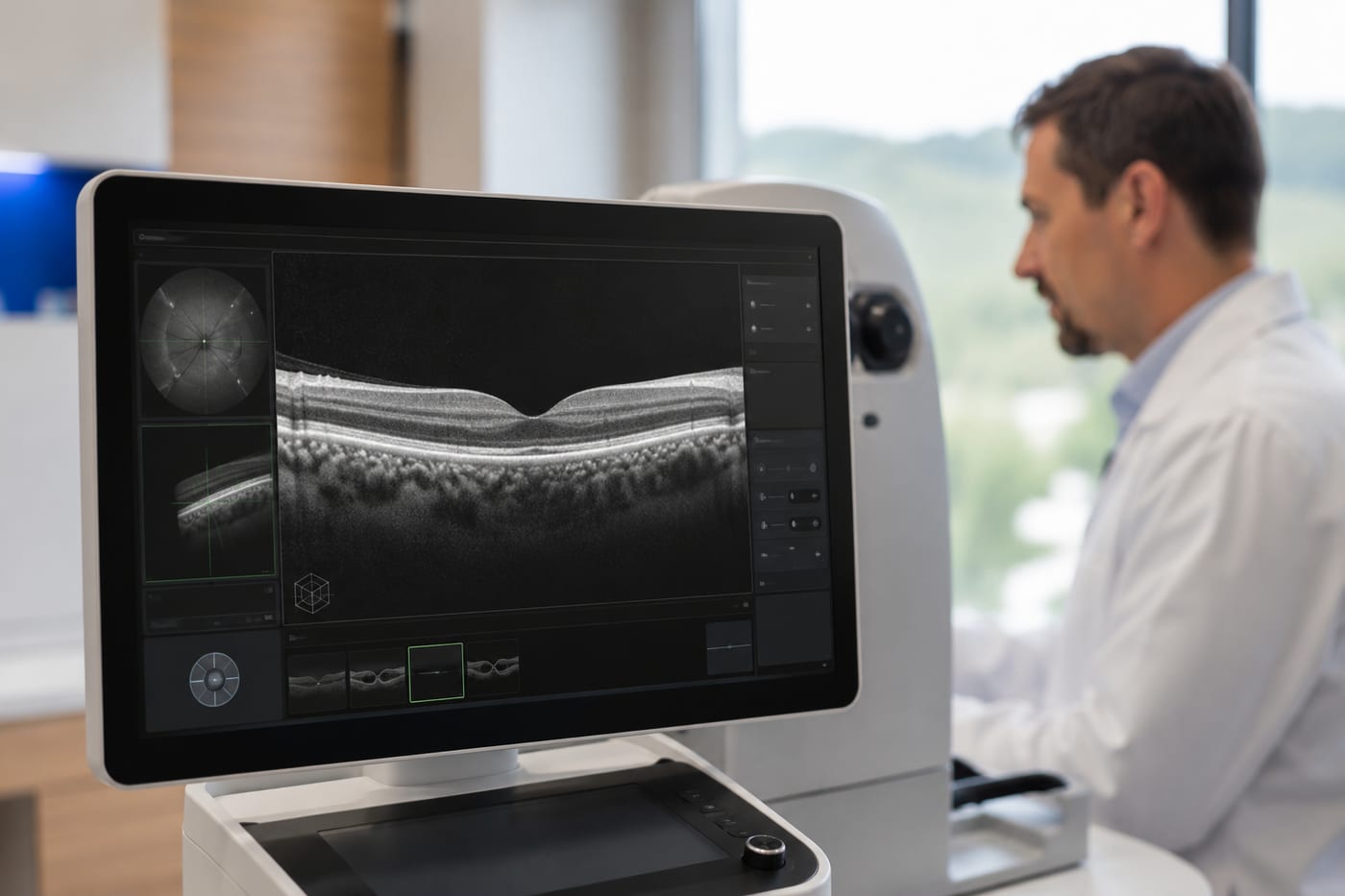 OCT-Netzhautscan, wie er bei Diabetikern vor einer Katarakt-OP zur Beurteilung der Netzhaut eingesetzt wird