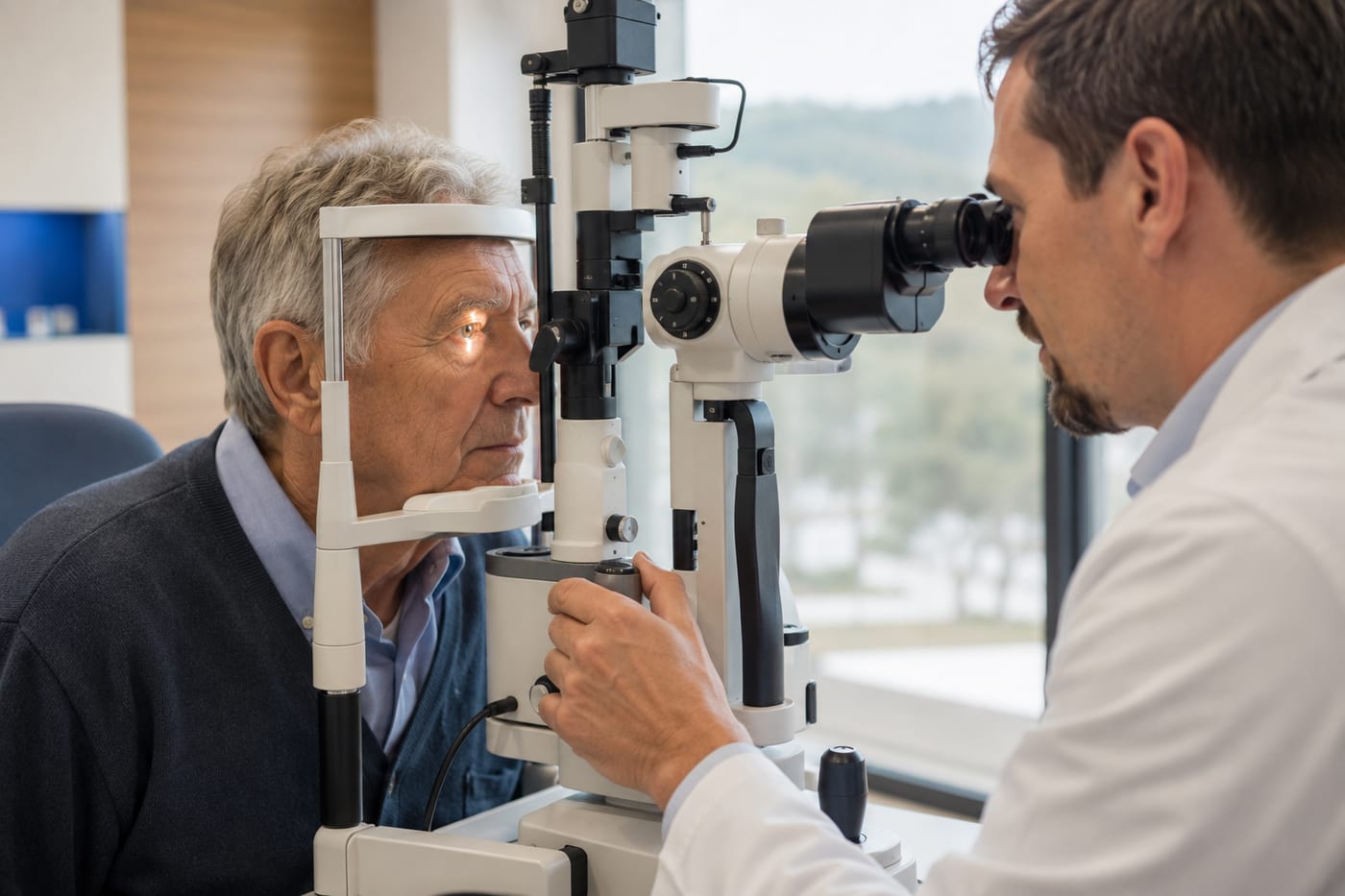 Augenarzt untersucht das Auge eines Patienten an der Spaltlampe